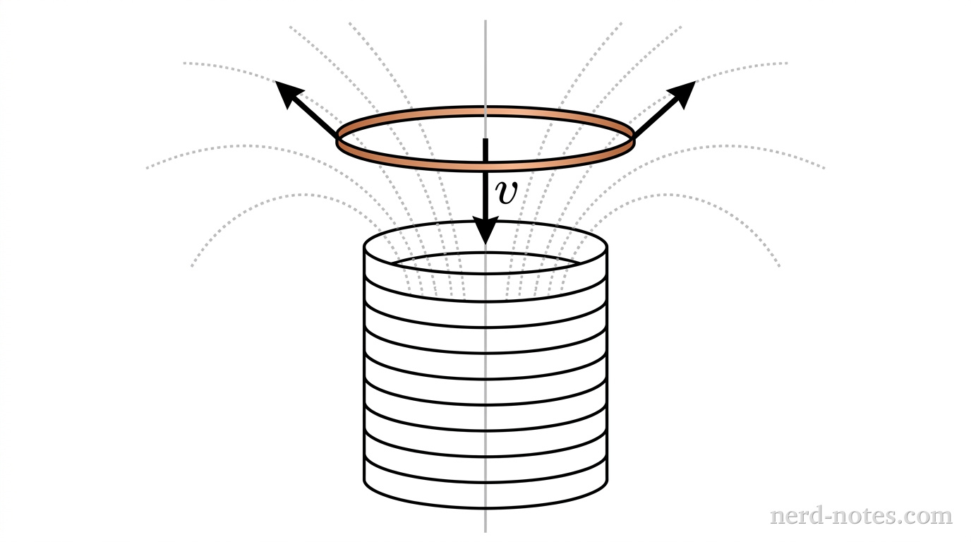 A copper ring falling toward the top of an active solenoid.