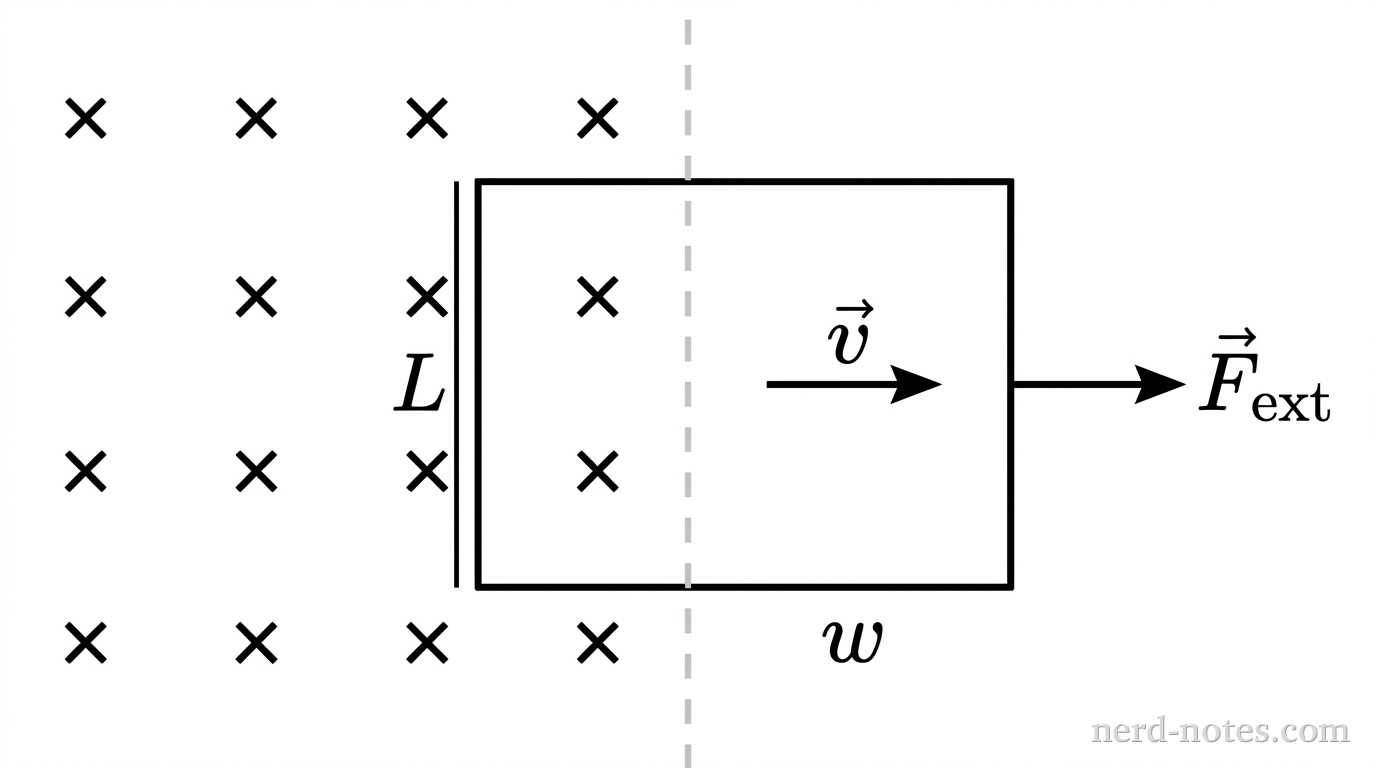 Loop exiting a uniform magnetic field region at constant speed.