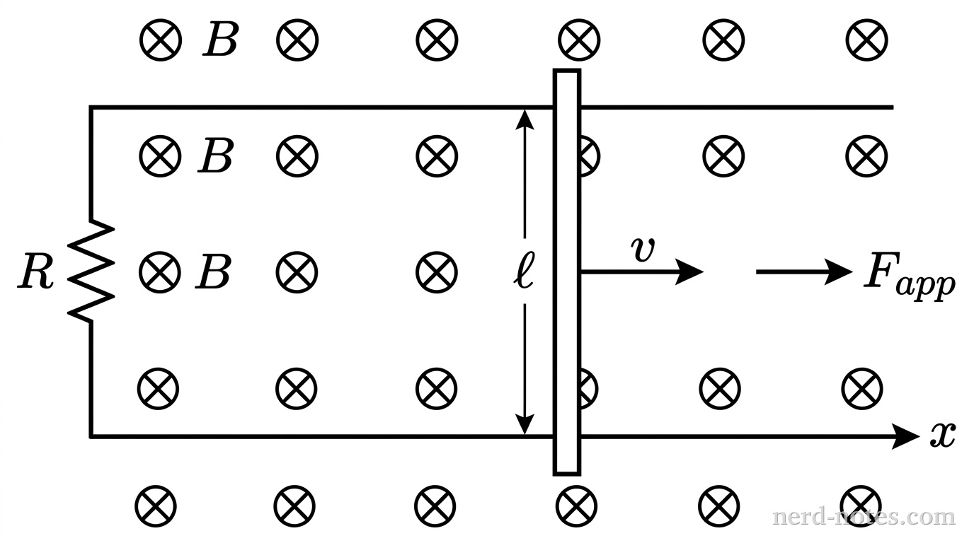 A conducting bar moving along parallel rails in a uniform magnetic field.