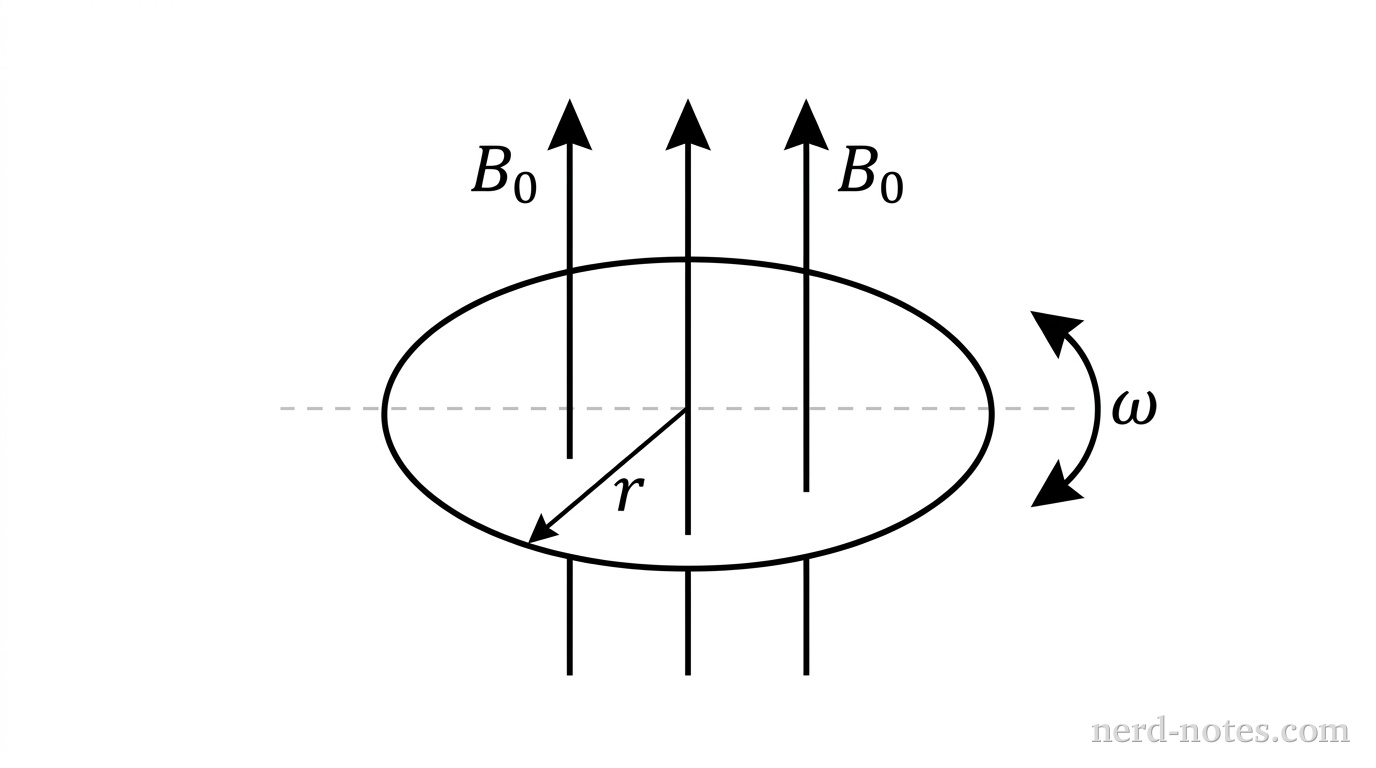 A 3D perspective diagram showing a circular loop of wire with radius r sitting flat in the xy-plane. Three parallel vertical arrows labeled B_0 point upward in the +z direction passing perpendicularly through the interior of the loop. A dashed line passes horizontally through the center of the loop along the x-axis, representing the axis of rotation. A curved arrow around the dashed line indicates a 180-degree rotation of the loop at constant angular speed omega. No other labels, lines, text, or axes appear.