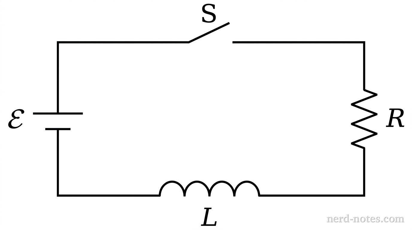 A single-loop rectangular schematic diagram of an LR circuit oriented horizontally. The left vertical branch contains a DC voltage source labeled \(\mathcal{E}\) with the longer positive terminal line at the top and shorter negative terminal line at the bottom. The top horizontal wire contains an open single-pole single-throw switch labeled S. The right vertical branch contains a resistor drawn as a standard zig-zag line labeled R. The bottom horizontal wire contains an inductor drawn as a series of four curved semi-circular loops labeled L. Straight solid lines connect all circuit elements into a single closed rectangular loop. No other labels, lines, text, or axes appear.