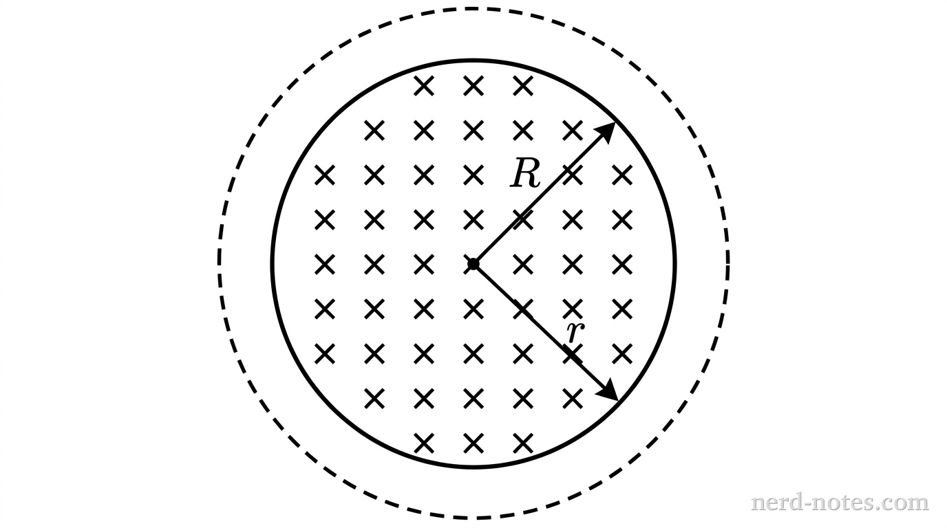 A cross-sectional view of a long cylindrical solenoid of radius R. A dashed circular path of radius r is drawn concentrically outside the solenoid, where r is greater than R. Inside the solenoid circle of radius R, uniform cross symbols represent a magnetic field B directed into the page. A radial line from the center to the solenoid boundary is labeled R, and a radial line from the center to the dashed outer path is labeled r. No other labels, lines, text, or axes appear.