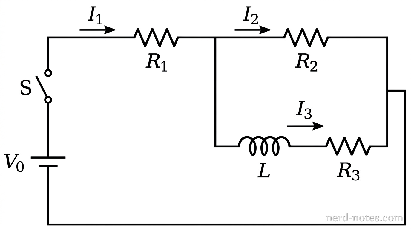 Circuit schematic with battery, switch, resistors, and inductor.