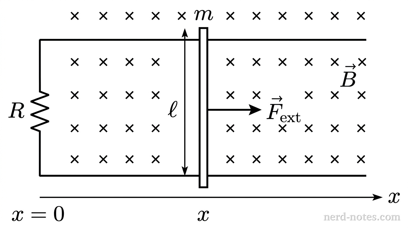 A conducting rod on parallel rails in a uniform magnetic field.