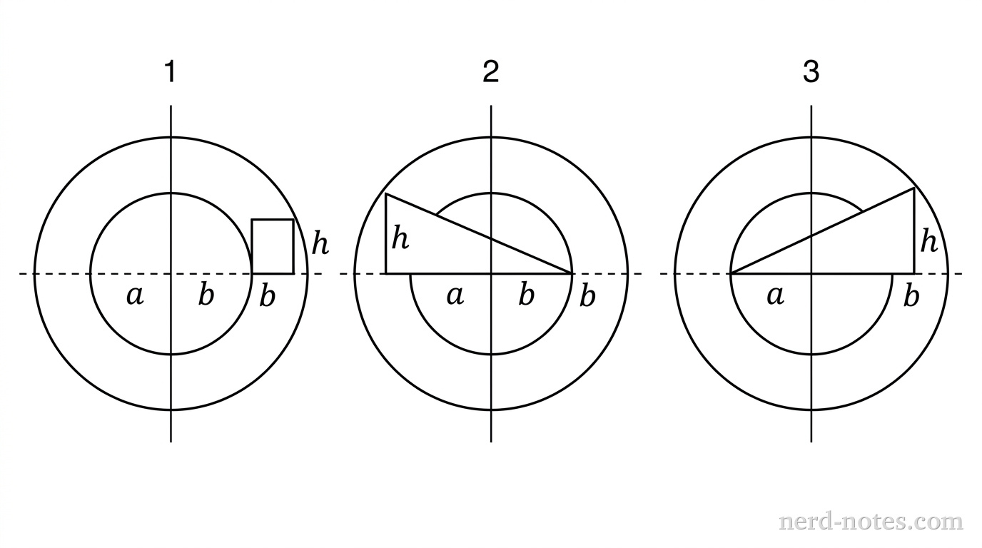 Cross-sectional profiles of three toroids with inner radius \(a\) and outer radius \(b\).