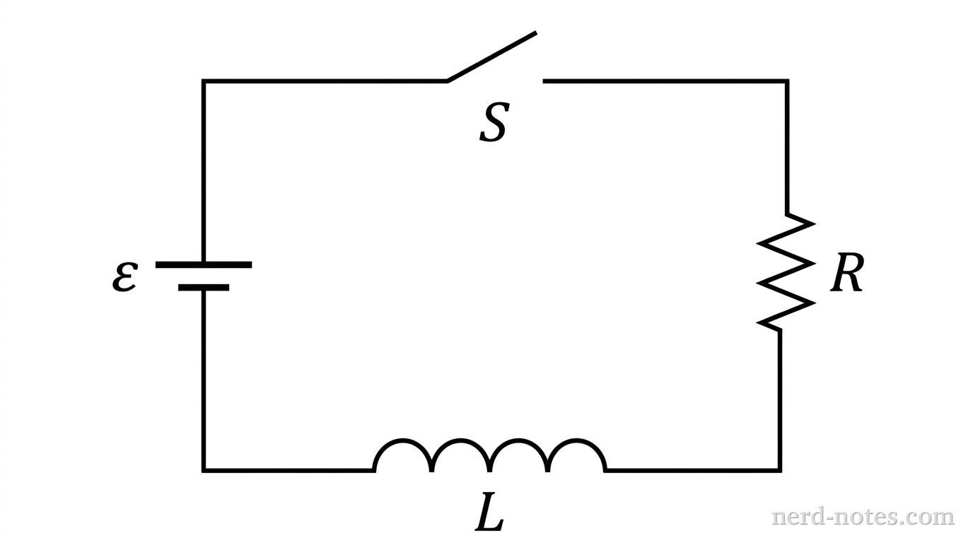 A rectangular schematic diagram of a single-loop circuit. On the left vertical branch is an ideal DC battery labeled \varepsilon, with its long positive terminal bar at the top and short negative terminal bar at the bottom. On the top horizontal branch is an open switch labeled S. On the right vertical branch is a resistor labeled R, drawn as a zig-zag line. On the bottom horizontal branch is an inductor labeled L, drawn as a series of four semicircular loops. Straight thin lines connect all components into a closed loop except at the open switch. No other labels or text appear.