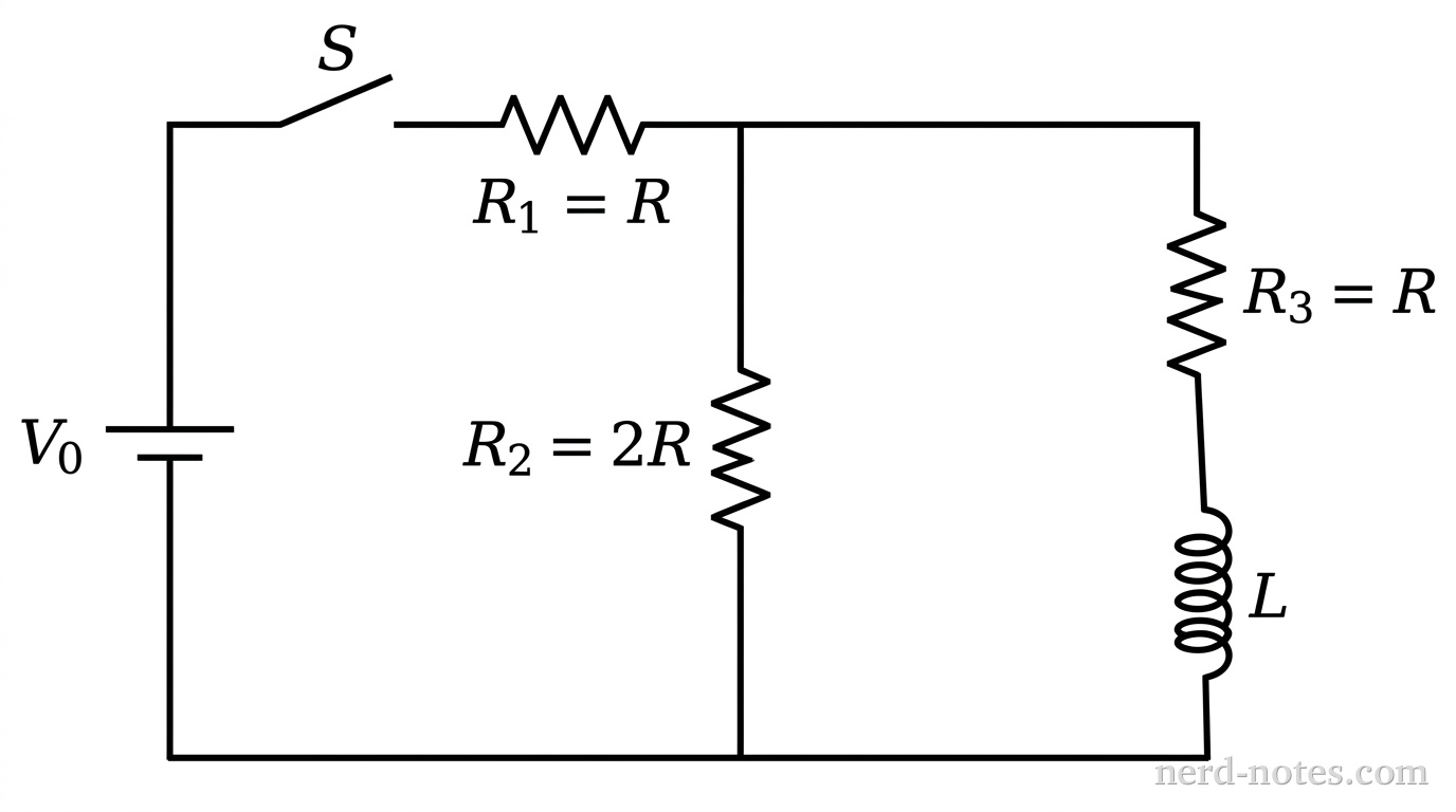 A schematic diagram of an electric circuit drawn with straight black lines forming two adjacent rectangular loops. On the far left vertical wire of the left loop is a DC battery labeled \(V_0\) with its longer positive terminal on top. On the top horizontal wire of the left loop is a switch labeled \(S\) shown in an open position and a resistor labeled \(R_1 = R\) in series. A shared vertical wire separates the left and right loops, containing a resistor labeled \(R_2 = 2R\). On the far right vertical wire of the right loop, a resistor labeled \(R_3 = R\) is connected in series above an inductor coil labeled \(L\). No other labels, lines, text, or axes appear.
