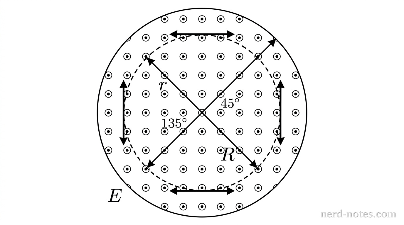 A top-down view of a circular region of radius R centered at the origin of an xy-coordinate plane. Inside the circular boundary of radius R, small dots surrounded by circles indicate a magnetic field directed out of the page. A concentric dashed circular path of radius r is drawn inside the region, where r is less than R. At four evenly spaced points along the dashed path, four arrows labeled E of equal length point tangentially in the counterclockwise direction. A solid straight line arrow labeled R extends from the origin to the outer boundary at an angle of 45 degrees. A solid straight line arrow labeled r extends from the origin to the dashed circle at an angle of 135 degrees. No other labels, lines, text, or axes appear.