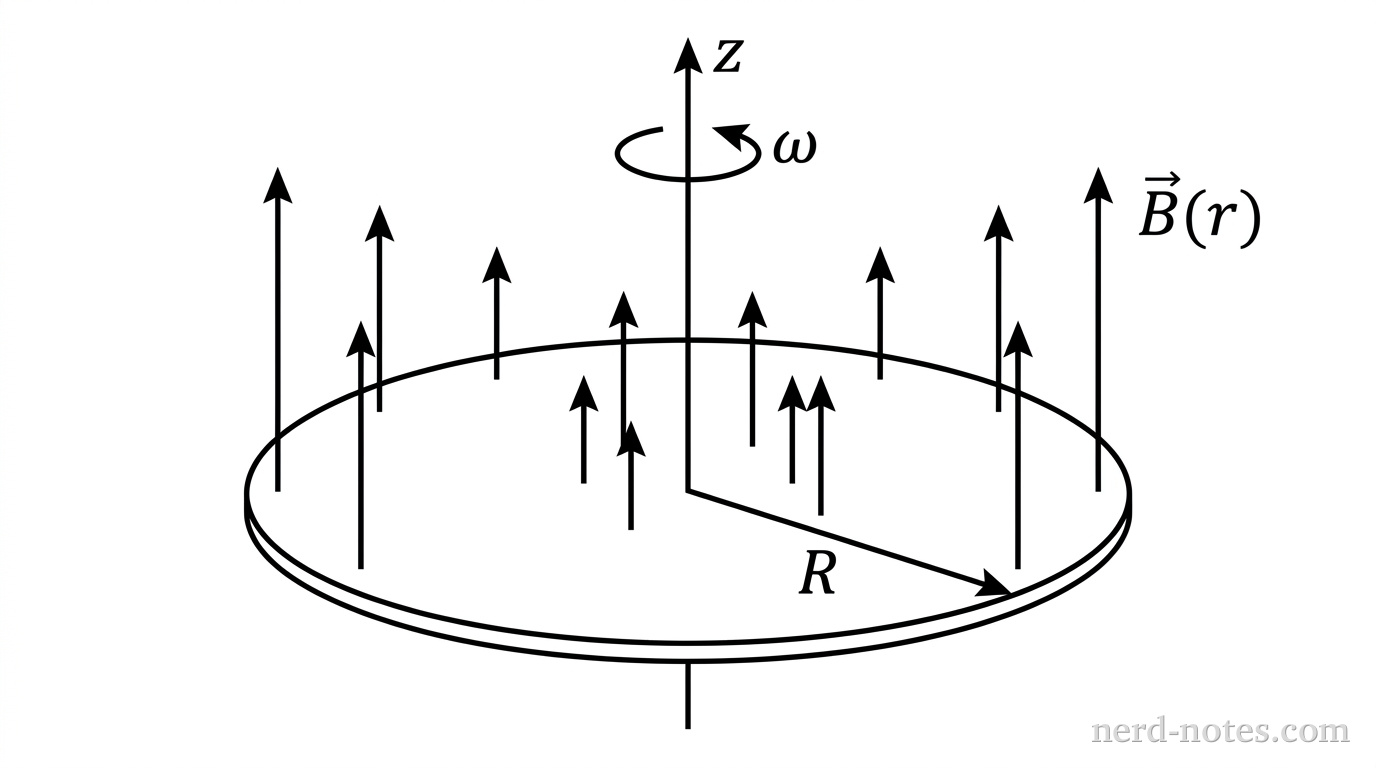 A circular conducting disk of radius R lies flat in the xy-plane, centered at the origin. A vertical z-axis extends upward through the center of the disk, with a curved arrow around the z-axis indicating rotation at constant angular velocity \omega. A radial line segment extends from the origin to the outer rim of the disk, labeled R. Several upward-pointing magnetic field vectors \vec{B}(r) pass vertically through the disk, with shorter vectors near the center and longer vectors near the outer rim to represent the radial increase in field magnitude. No other labels, lines, text, or axes appear.