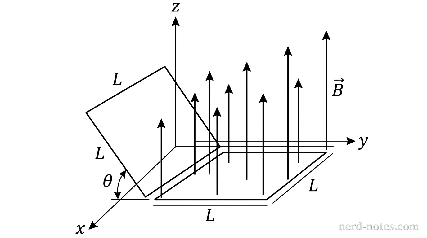 A 3D Cartesian coordinate system with x, y, and z axes labeled at the ends of thin black lines with arrowheads. A flat square loop of side length L is situated in the xy-plane with one edge lying along the y-axis from y = 0 to y = L. A second identical square loop shares the same edge along the y-axis but is tilted upward into the xz-plane by an angle \theta relative to the xy-plane. An arc labeled \theta indicates the tilt angle between the two loop planes. Vertical upward arrows parallel to the z-axis represent a magnetic field \vec{B}; the arrows increase in length at larger values of x. No other labels, lines, text, or axes appear.