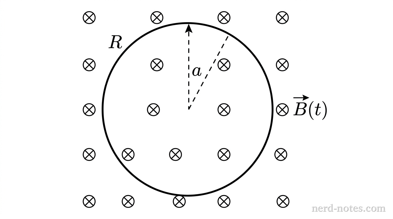A circular wire loop is drawn in the plane of the page. A straight dashed line segment extends from the geometric center of the circular loop to its top perimeter, with an arrow head at the perimeter labeled a. Near the upper-left of the loop, text reads R, indicating the total loop resistance. Multiple evenly spaced magnetic field indicators, each drawn as a small circle containing an X symbol to represent a vector directed into the page, are distributed inside and outside the circular loop. Beside the loop, a single arrow pointing into the page is labeled B(t). No other labels, lines, text, or axes appear.