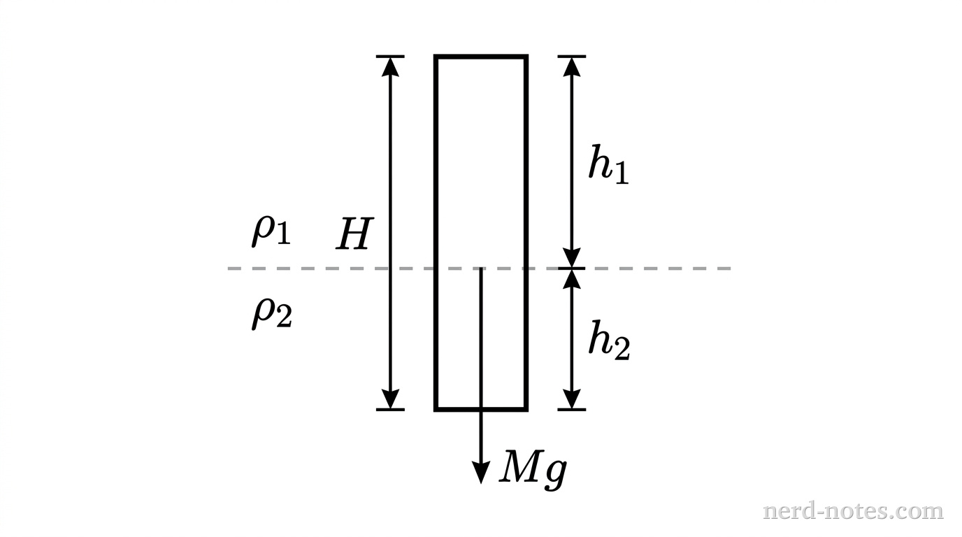 A vertical rectangle representing a cylindrical probe of height H sits oriented vertically across a horizontal dashed line that divides two fluid regions. The upper region is labeled with density \rho_1 and the lower region is labeled with density \rho_2. The probe's vertical segment in the upper region is labeled h_1 and its vertical segment in the lower region is labeled h_2. A single downward vector arrow labeled Mg extends from the center of the rectangle. No other labels, lines, text, or axes appear.