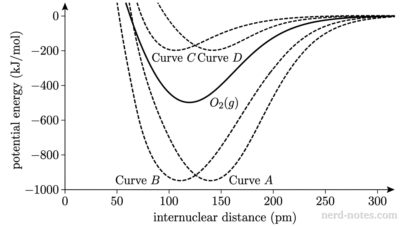 A potential energy diagram showing potential energy in kJ/mol on the vertical y-axis versus internuclear distance in pm on the horizontal x-axis. The origin is at the bottom left, with the x-axis extending to the right from 0 to 300 pm and the y-axis extending upward from negative values to zero. A solid curve represents O2(g) with a potential energy minimum located at an internuclear distance of 120 pm and a depth of -495 kJ/mol. Four dashed curves labeled Curve A, Curve B, Curve C, and Curve D show alternative potential energy profiles. Curve A has its minimum at 140 pm and -945 kJ/mol. Curve B has its minimum at 110 pm and -945 kJ/mol. Curve C has its minimum at 110 pm and -200 kJ/mol. Curve D has its minimum at 140 pm and -200 kJ/mol. All curves approach zero potential energy at large internuclear distances and rise steeply at very small internuclear distances. No other curves, labels, text, or annotations appear.