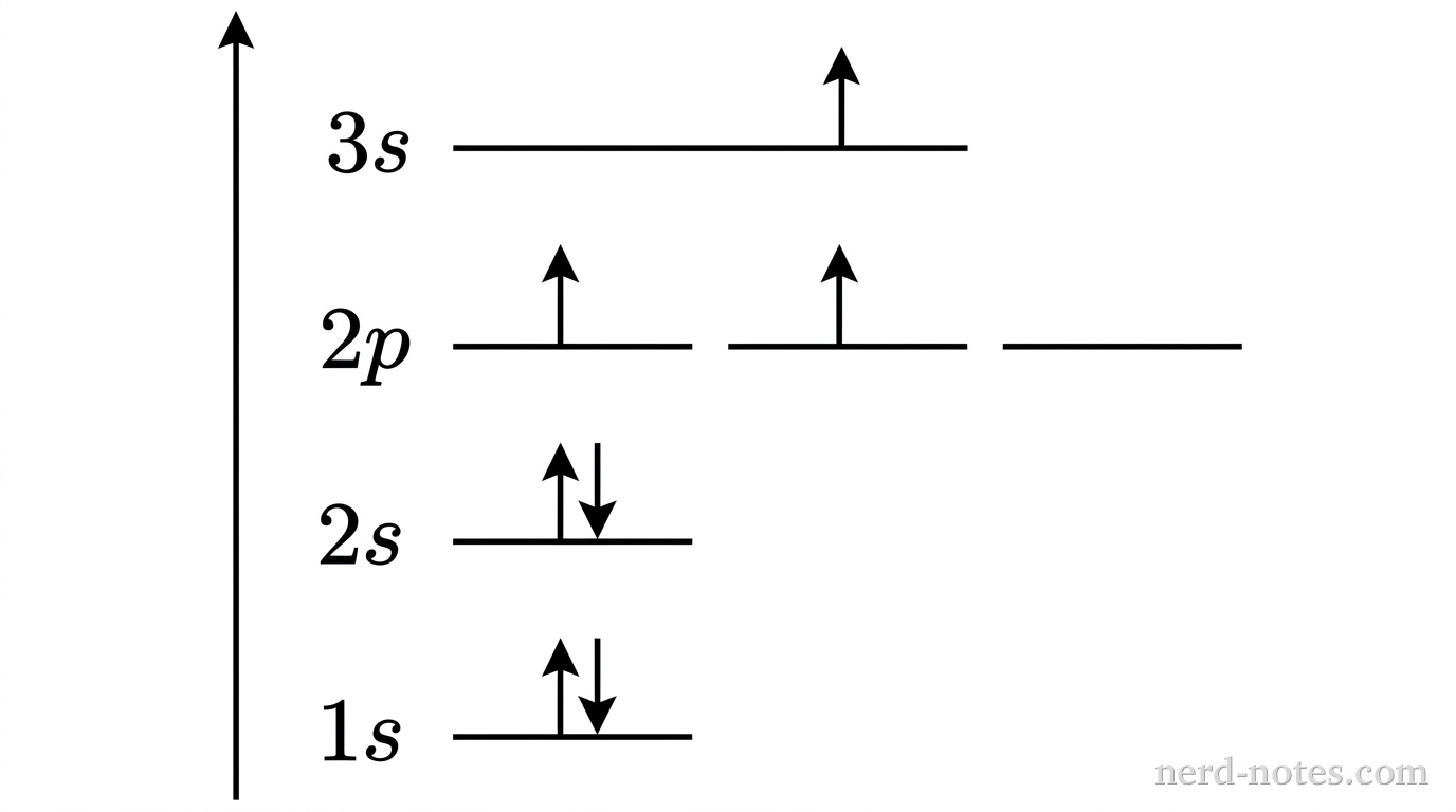 An orbital energy diagram for a neutral nitrogen atom displaying energy increasing along a vertical axis. At the lowest energy level, a horizontal line labeled 1s contains two vertical arrows pointing in opposite directions (one up, one down). Directly above it, a line labeled 2s contains two vertical arrows pointing in opposite directions (one up, one down). Above the 2s level, three horizontal lines side-by-side labeled 2p contain two arrows total: the leftmost line has one upward-pointing arrow, the middle line has one upward-pointing arrow, and the rightmost line is empty. Above the 2p level, a line labeled 3s contains one upward-pointing arrow. The labels 1s, 2s, 2p, and 3s are positioned to the left of their respective lines. No other particles, labels, text, or annotations appear.