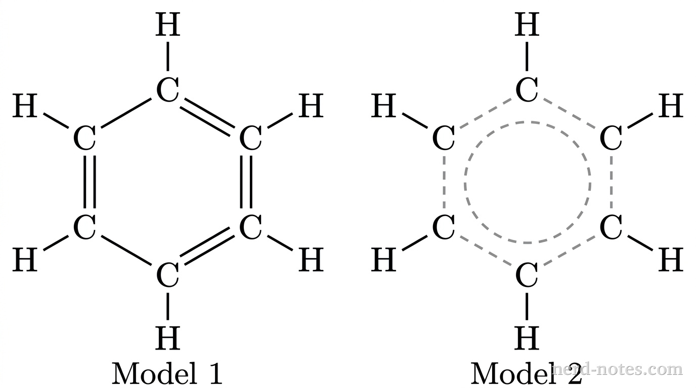 A diagram showing two structural models of benzene, C6H6, side by side. Model 1 is labeled Model 1 and shows a hexagonal ring of six carbon atoms with alternating single and double carbon-carbon bonds (three C-C single bonds and three C=C double bonds), with one H atom bonded to each carbon atom. Model 2 is labeled Model 2 and shows a hexagonal ring of six carbon atoms with a dashed interior ring representing delocalized electron density across six equal carbon-carbon bonds, with one H atom bonded to each carbon atom. No other text or annotations appear.