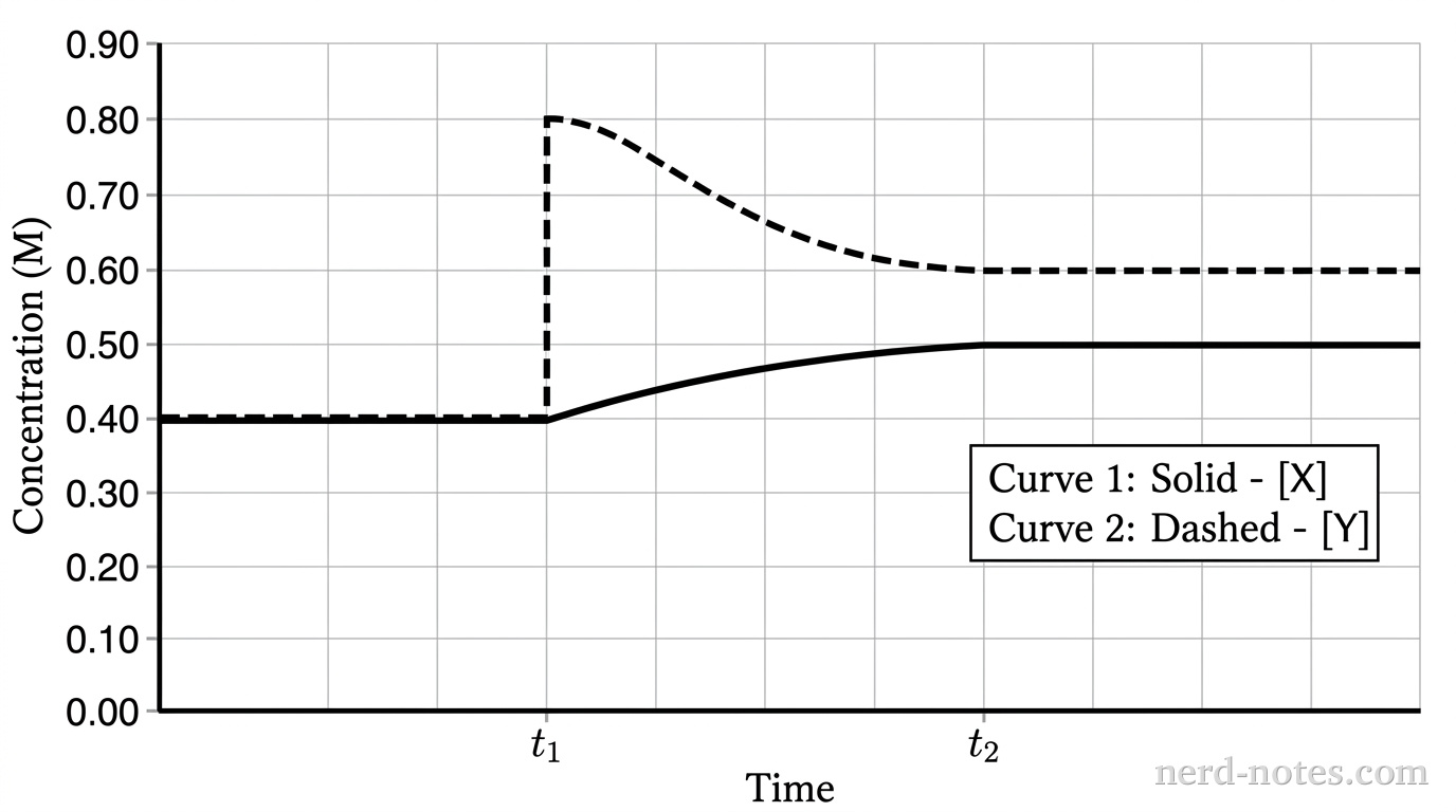 A concentration versus time line graph with horizontal axis labeled 'Time' with marked points t_1 and t_2, and vertical axis labeled 'Concentration (M)' ranging from 0.00 to 0.90 M with gridlines every 0.10 M. Two curves are drawn in black ink. Curve 1 (solid black line) represents [X]. Curve 2 (dashed black line) represents [Y]. From time 0 to t_1, both curves are flat horizontal lines: solid line [X] is constant at 0.40 M, dashed line [Y] is constant at 0.40 M. At time t_1, the solid line [X] remains at 0.40 M without a vertical step. At time t_1, the dashed line [Y] shows a vertical step upward from 0.40 M to 0.80 M. Between t_1 and t_2, the dashed line [Y] curves smoothly downward from 0.80 M to 0.60 M, where it levels off horizontally at t_2. Between t_1 and t_2, the solid line [X] curves smoothly upward from 0.40 M to 0.50 M, where it levels off horizontally at t_2. From t_2 onward, both curves remain horizontal.