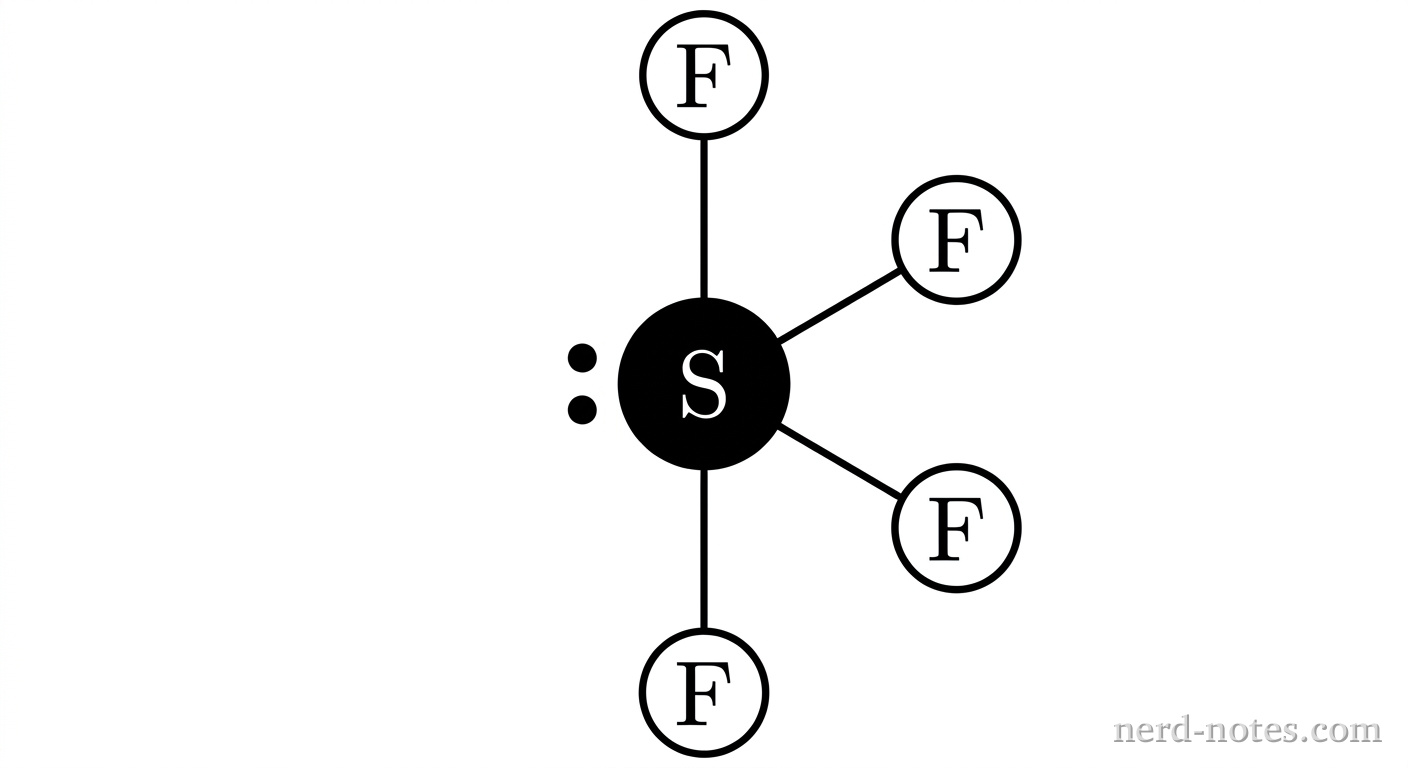 Create a grayscale ball-and-stick VSEPR schematic on a blank background. At the center, place exactly one medium filled circle labeled S. Place exactly four smaller open circles, each labeled F: one directly above the central atom, one directly below it, one at the upper right, and one at the lower right. Connect each terminal circle to the central circle with exactly one straight solid line. The upper and lower bonds are axial and collinear. The two right-hand bonds occupy equatorial positions and are separated from each other by 120 degrees. Place exactly one pair of adjacent solid dots directly left of the central atom at the third equatorial position; do not connect the dots to the central atom. Show no bond-dipole arrows and no terminal-atom lone pairs because this is a molecular-domain model. No other particles, labels, text, or annotations appear.