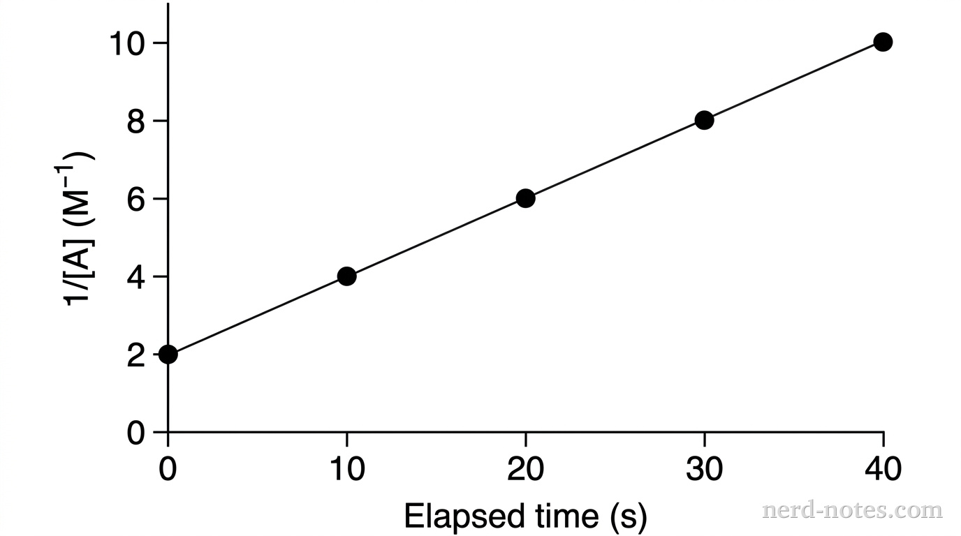Draw a grayscale Cartesian graph on a white background. The horizontal axis is labeled “Elapsed time (s)” and extends from 0 to 40, with evenly spaced tick marks at 0, 10, 20, 30, and 40. The vertical axis is labeled “\(1/[\text{A}]\ (\text{M}^{-1})\)” and extends from 0 to 10, with evenly spaced tick marks at 0, 2, 4, 6, 8, and 10. Place five solid black circular data points at the exact coordinates \((0,2)\), \((10,4)\), \((20,6)\), \((30,8)\), and \((40,10)\). Draw a thin solid straight best-fit line through all five points. Use bare axes without gridlines. No legend, equation, title, arrows, or additional annotations appear.