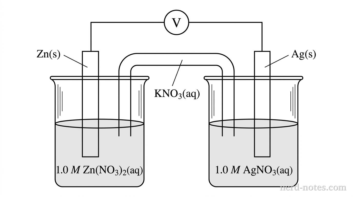 Draw a two-half-cell galvanic apparatus. On the left, one outlined beaker contains solution to half its height, with the solution label \(1.0\text{ M Zn(NO}_3\text{)}_2\text{(aq)}\) centered inside; one vertical metal strip immersed in it is labeled \(\text{Zn(s)}\). On the right, a matching beaker contains the same liquid volume, labeled \(1.0\text{ M AgNO}_3\text{(aq)}\); its immersed vertical metal strip is labeled \(\text{Ag(s)}\). One U-shaped salt bridge connects the two solutions and is labeled \(\text{KNO}_3\text{(aq)}\). A continuous external wire connects the tops of the metal strips through one circular voltmeter labeled \(V\). Include no arrows on the wire or salt bridge, no polarity symbols, and no visible deposits or bubbles. No other labels, text, or annotations appear.