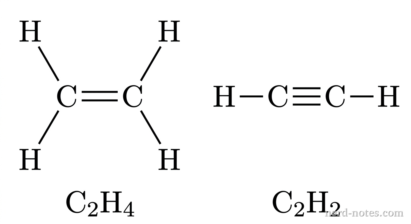 Two Lewis diagrams are shown side by side in grayscale on a plain white background. On the left is the Lewis diagram for ethene, labeled below with the formula \(\text{C}_2\text{H}_4\). It consists of two central \(\text{C}\) atom symbols connected to each other by a double line representing a double bond. Each \(\text{C}\) atom is also bonded to two \(\text{H}\) atom symbols with single lines arranged at approximately \(120^\circ\) angles, with no lone pairs on any atom. On the right is the Lewis diagram for ethyne, labeled below with the formula \(\text{C}_2\text{H}_2\). It consists of two central \(\text{C}\) atom symbols connected by three parallel horizontal lines representing a triple bond. Each \(\text{C}\) atom is bonded to one terminal \(\text{H}\) atom symbol by a single horizontal line in a linear arrangement, with no lone pairs on any atom. No other particles, labels, text, or annotations appear.