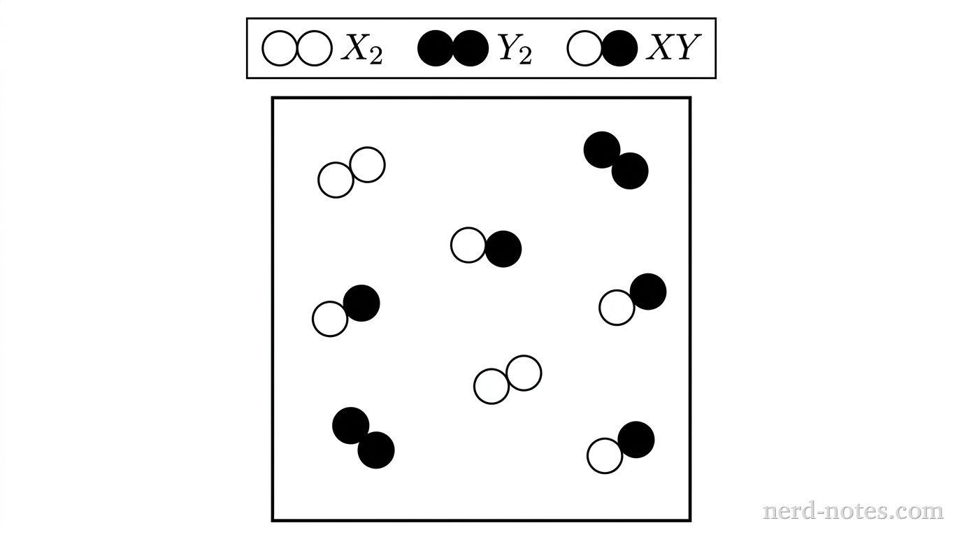 Particulate representation of a mixture containing \(\text{X}_2\), \(\text{Y}_2\), and \(\text{XY}\) in a rigid vessel.