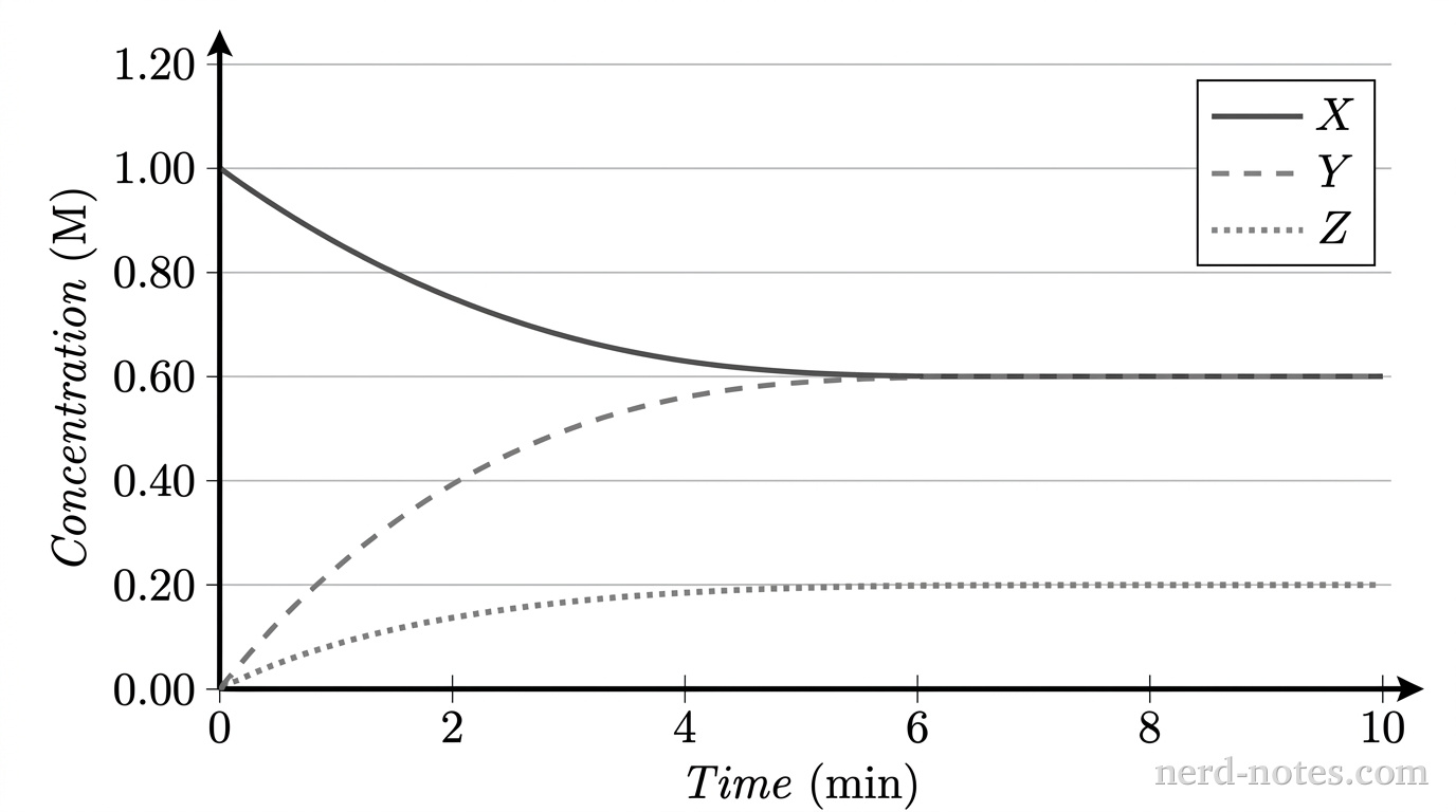 A line graph with a horizontal axis labeled Time (min) ranging from 0 to 10 with tick marks every 2 units, and a vertical axis labeled Concentration (M) ranging from 0.00 to 1.20 with horizontal gridlines and tick marks at intervals of 0.20. Three distinct grayscale curves are plotted. A solid black curve representing X starts at (0, 1.00), decreases smoothly, and flattens horizontally at (6, 0.60) through (10, 0.60). A dashed curve representing Y starts at (0, 0.00), increases smoothly, and flattens horizontally at (6, 0.60) through (10, 0.60). A dotted curve representing Z starts at (0, 0.00), increases smoothly, and flattens horizontally at (6, 0.20) through (10, 0.20). A legend in the upper right indicates: solid line = X, dashed line = Y, dotted line = Z. No other particles, labels, text, or annotations appear.