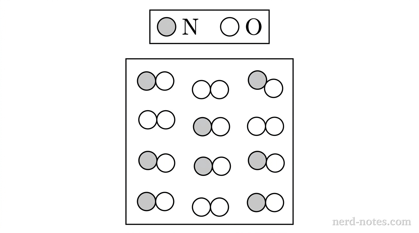 A square container representing a rigid reaction vessel. At the top of the box, a legend specifies: a shaded circle represents a nitrogen atom (\(\text{N}\)), and an open white circle represents an oxygen atom (\(\text{O}\)). Inside the container, there are exactly 6 \(\text{NO}\) molecules and exactly 4 \(\text{O}_2\) molecules distributed evenly. Each \(\text{NO}\) molecule consists of exactly one shaded circle touching one open white circle. Each \(\text{O}_2\) molecule consists of exactly two open white circles touching each other. No other particles, labels, text, or annotations appear.