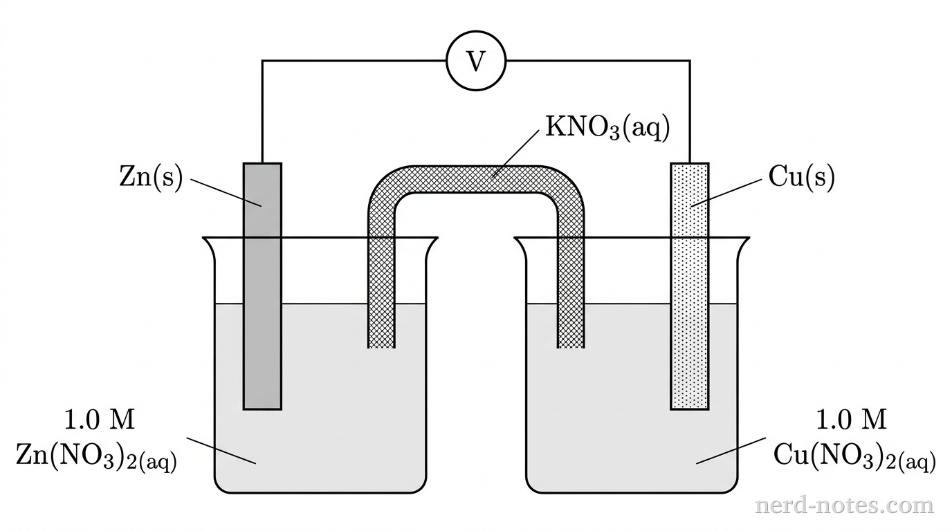 A schematic grayscale drawing of an electrochemical cell with two open beakers side by side. The left beaker is filled with a solution labeled \(1.0\text{ M Zn(NO}_3)_2\text{(aq)}\) and contains a vertical gray rectangular strip labeled \(\text{Zn(s)}\). The right beaker is filled with a solution labeled \(1.0\text{ M Cu(NO}_3)_2\text{(aq)}\) and contains a vertical stippled rectangular strip labeled \(\text{Cu(s)}\). An inverted U-shaped tube labeled \(\text{KNO}_3\text{(aq)}\) has its open ends immersed into the two solutions. A single line representing a wire connects the top of the \(\text{Zn(s)}\) strip to the top of the \(\text{Cu(s)}\) strip through a circular meter labeled \(\text{V}\). No other particles, labels, text, or annotations appear.