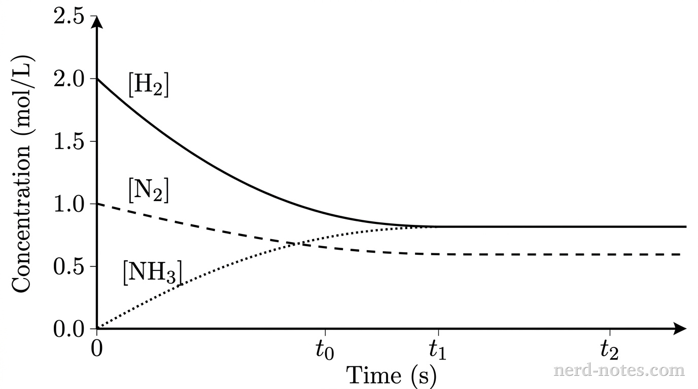 A line graph with a bare vertical axis labeled Concentration (\(\text{mol/L}\)) with numeric tick marks at 0.0, 0.5, 1.0, 1.5, 2.0, and 2.5, and a horizontal axis labeled Time (\(\text{s}\)) with marked points 0, t_0, t_1, and t_2 in chronological order. Three distinct grayscale curves are plotted: 1. A solid black curve labeled [\(\text{H}_2\)] begins at (0, 2.0), decreases downward, intersects the dotted curve at time t_0, and levels off horizontally at 0.8 mol/L starting at time t_1, remaining flat through t_2. 2. A dashed black curve labeled [\(\text{N}_2\)] begins at (0, 1.0), decreases downward gradually, and levels off horizontally at 0.6 mol/L starting at time t_1, remaining flat through t_2. 3. A dotted black curve labeled [\(\text{NH}_3\)] begins at (0, 0.0), increases upward, intersects the solid curve at time t_0, and levels off horizontally at 0.8 mol/L starting at time t_1, remaining flat through t_2. No other curves, points, text, or annotations appear.