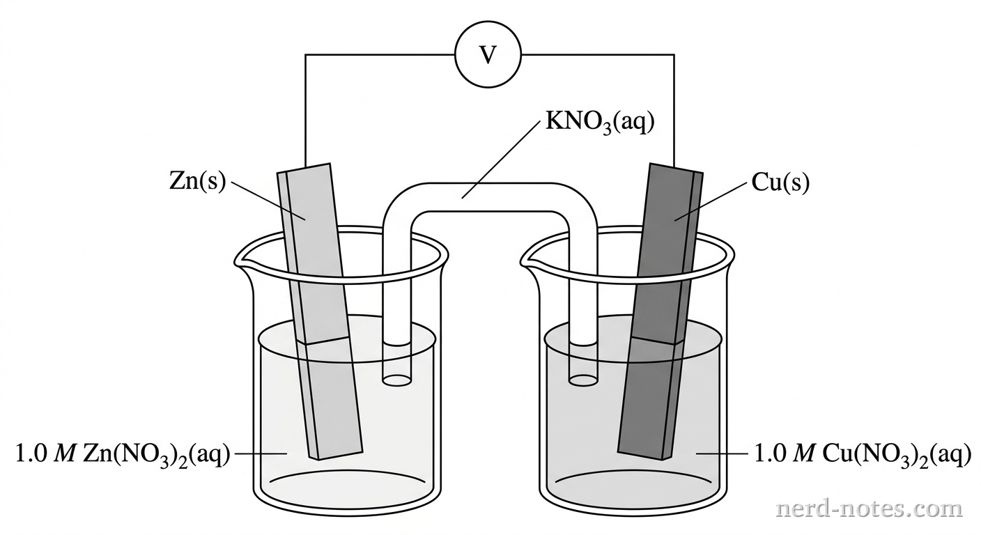 A line drawing in grayscale depicting a galvanic cell apparatus. On the left, a glass beaker contains a liquid solution labeled $1.0\text{ M }\text{Zn(NO}_3)_2\text{(aq)}$, with a solid rectangular electrode shaded light gray labeled $\text{Zn(s)}$ immersed in it. On the right, a second glass beaker contains a liquid solution labeled $1.0\text{ M }\text{Cu(NO}_3)_2\text{(aq)}$, with a solid rectangular electrode shaded dark gray labeled $\text{Cu(s)}$ immersed in it. A wire connects the $\text{Zn(s)}$ electrode to a circular voltmeter labeled $\text{V}$, which connects via wire to the $\text{Cu(s)}$ electrode. An inverted U-tube salt bridge labeled $\text{KNO}_3\text{(aq)}$ bridges the two beakers with its open ends submerged in each solution. No other particles, labels, text, or annotations appear.