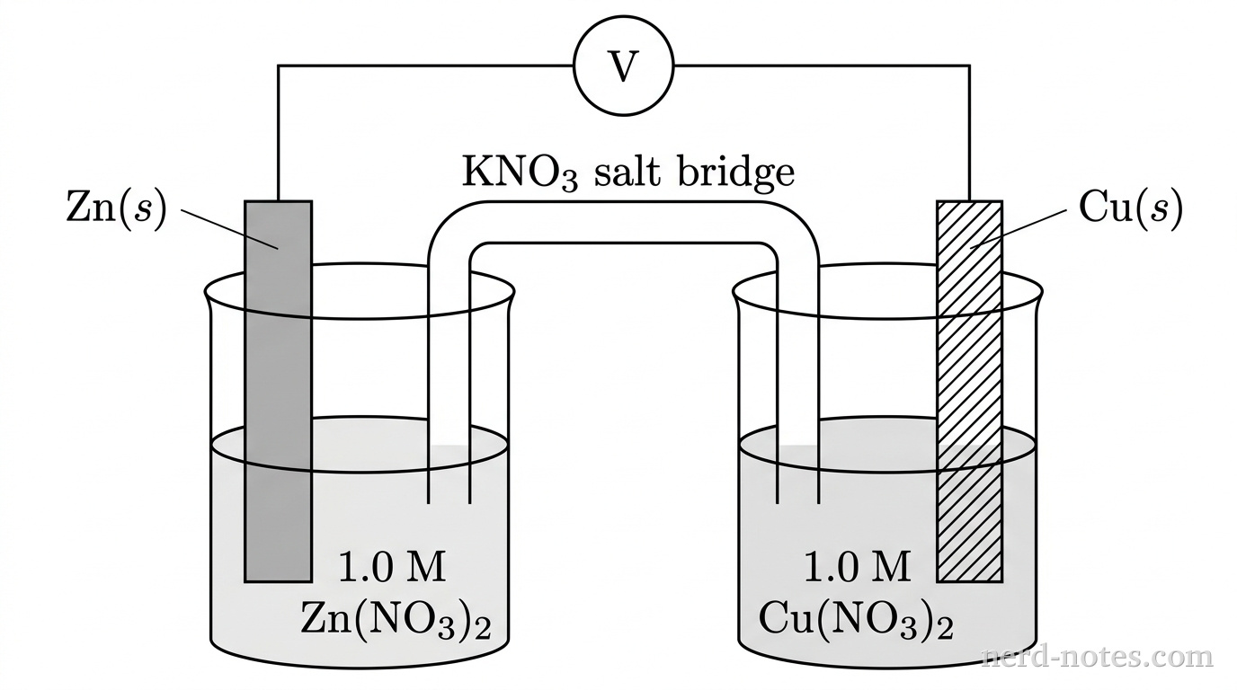 A grayscale schematic diagram shows two open beakers connected by an external wire and an inverted U-tube. The left beaker contains liquid labeled 1.0 M Zn(NO3)2 and a solid vertical rectangle with solid gray fill labeled Zn(s). The right beaker contains liquid labeled 1.0 M Cu(NO3)2 and a solid vertical rectangle with diagonal hatched fill labeled Cu(s). The inverted U-tube bridges both beakers with its open ends immersed in the liquids and is labeled KNO3 salt bridge. A single line representing a wire connects the top of the Zn(s) strip to the top of the Cu(s) strip, passing through a circle labeled V centered above the beakers. No other particles, labels, text, or annotations appear.