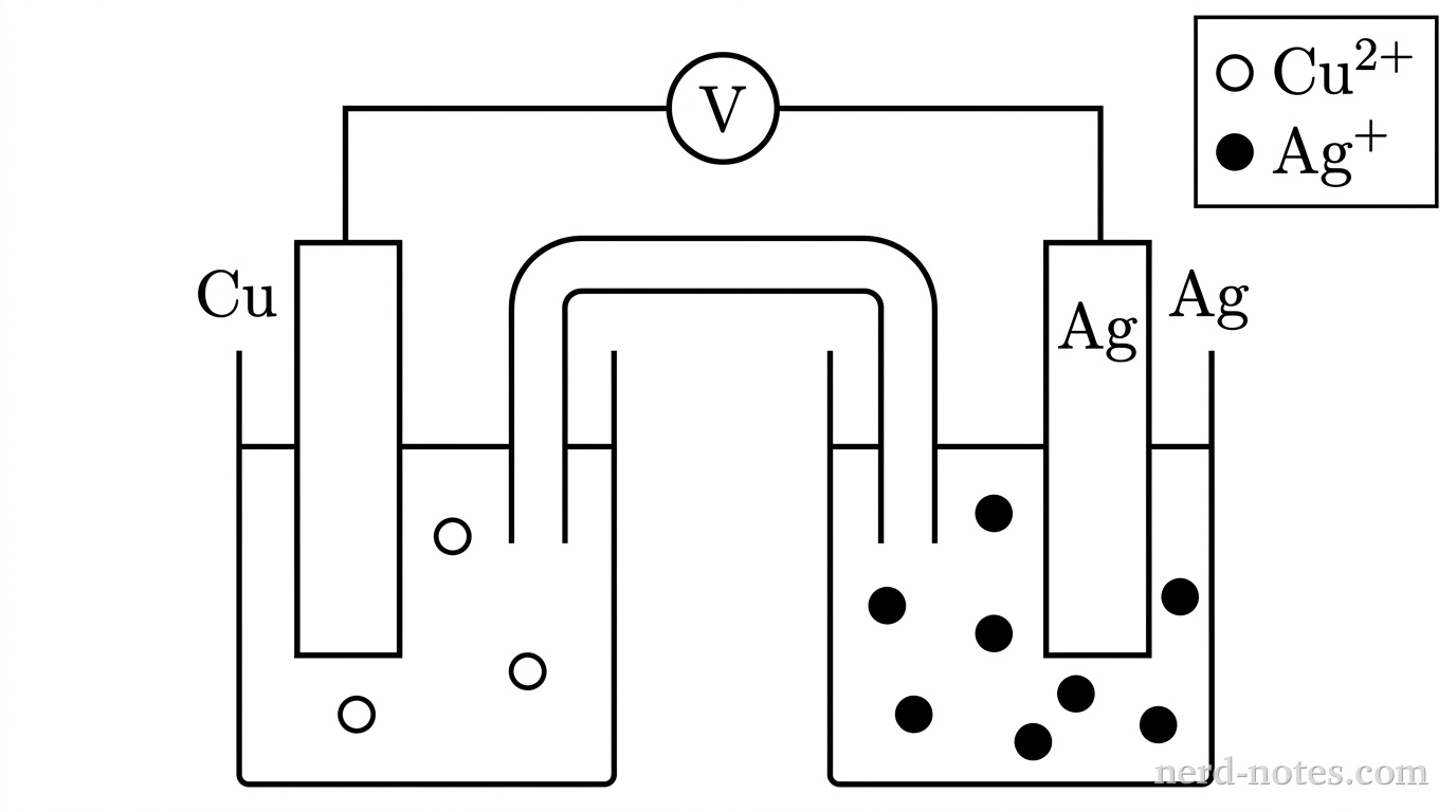A grayscale schematic of a galvanic cell with two separate beakers connected by an inverted U-tube salt bridge and an external wire with a circular voltmeter meter. A legend at the top right maps: an open circle represents \(\text{Cu}^{2+}\), and a solid black circle represents \(\text{Ag}^+\). The left beaker contains a submerged solid rectangular electrode labeled \(\text{Cu}\) and exactly \(2\) open circles distributed throughout the liquid. The right beaker contains a submerged solid rectangular electrode labeled \(\text{Ag}\) and exactly \(6\) solid black circles distributed throughout the liquid. The external wire connects the top of both electrodes through the voltmeter. No other particles, labels, text, or annotations appear.