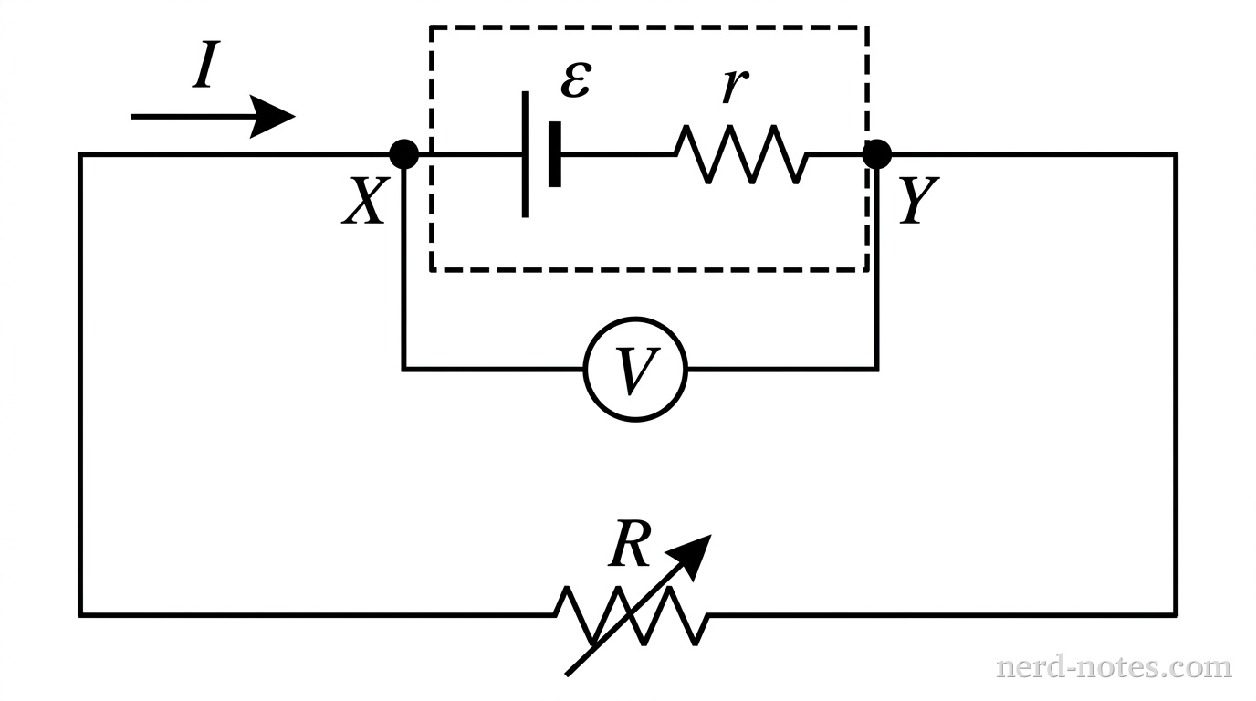 A single rectangular circuit schematic. Along the top horizontal branch, a dashed rectangular box represents a real battery. Inside the dashed box, an ideal battery symbol with two parallel vertical plates of unequal length labeled \(\varepsilon\) is wired in series with a resistor symbol labeled \(r\). Solid dots labeled \(X\) and \(Y\) mark the terminals on the wire just outside the left and right ends of the dashed box. A voltmeter circle labeled \(V\) is connected in parallel across terminals \(X\) and \(Y\). The circuit continues clockwise down the right vertical wire to the bottom horizontal branch. The bottom branch contains a variable resistor symbol, shown as a standard zig-zag resistor with a diagonal arrow passing through it, labeled \(R\). The left vertical wire connects back to terminal \(X\) to complete the loop. An arrow above the top wire labeled \(I\) points to the right. No other labels, lines, text, or components appear.