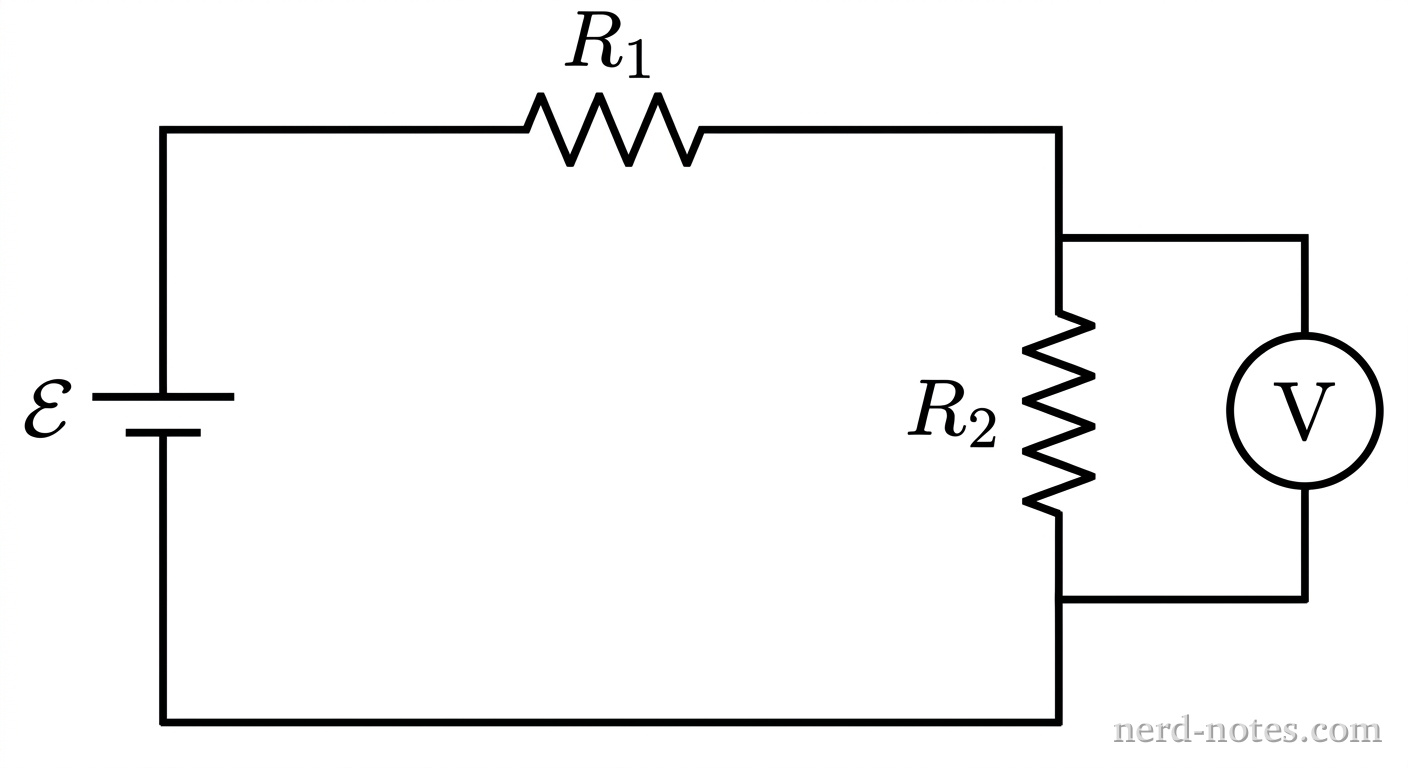 A schematic diagram of a rectangular direct-current circuit. On the left vertical wire, a battery symbol is shown, labeled \(\mathcal{E}\). On the top horizontal wire, a fixed resistor is labeled \(R_1\). On the right vertical wire, a second fixed resistor is labeled \(R_2\). Two wire leads branch off from above and below resistor \(R_2\) to connect in parallel with a circle containing the uppercase letter \(V\). The bottom horizontal wire connects the right vertical wire back to the negative terminal of the battery. No other labels, lines, meters, or text appear.