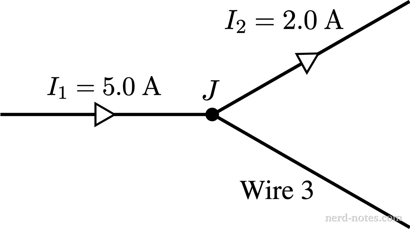 A schematic diagram showing three solid lines representing conducting wires meeting at a central black dot labeled J. Wire 1 extends horizontally from the left to junction J, with an arrow on the wire pointing rightward toward J, labeled \(I_1 = 5.0\text{ A}\). Wire 2 extends diagonally toward the upper right away from junction J, with an arrow pointing upward and rightward along the line, labeled \(I_2 = 2.0\text{ A}\). Wire 3 extends diagonally toward the lower right away from junction J, with no directional arrow, labeled Wire 3. No other labels, lines, text, or axes appear.