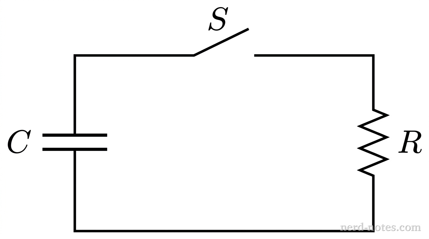 A single rectangular circuit schematic oriented horizontally. The left vertical branch contains a capacitor with two parallel horizontal plates labeled C. The right vertical branch contains a zigzag resistor labeled R. The top horizontal wire contains an open single-pole single-throw switch labeled S tilted upward at 30 degrees. The bottom wire is a continuous straight horizontal line connecting the bottom of the capacitor to the bottom of the resistor. No other labels, lines, text, or axes appear.