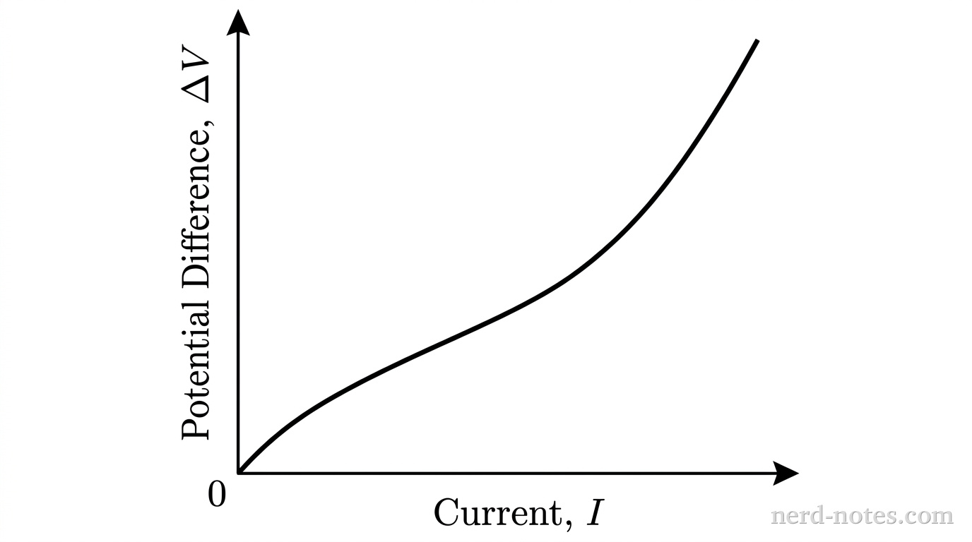 A 2D Cartesian graph with a horizontal axis labeled Current, I and a vertical axis labeled Potential Difference, \Delta V. The origin is labeled 0. There are no gridlines. A single solid curve begins at the origin with a moderate positive slope and smoothly curves upward with increasing positive slope (concave up) as current I increases. No other labels, lines, text, or axes appear.