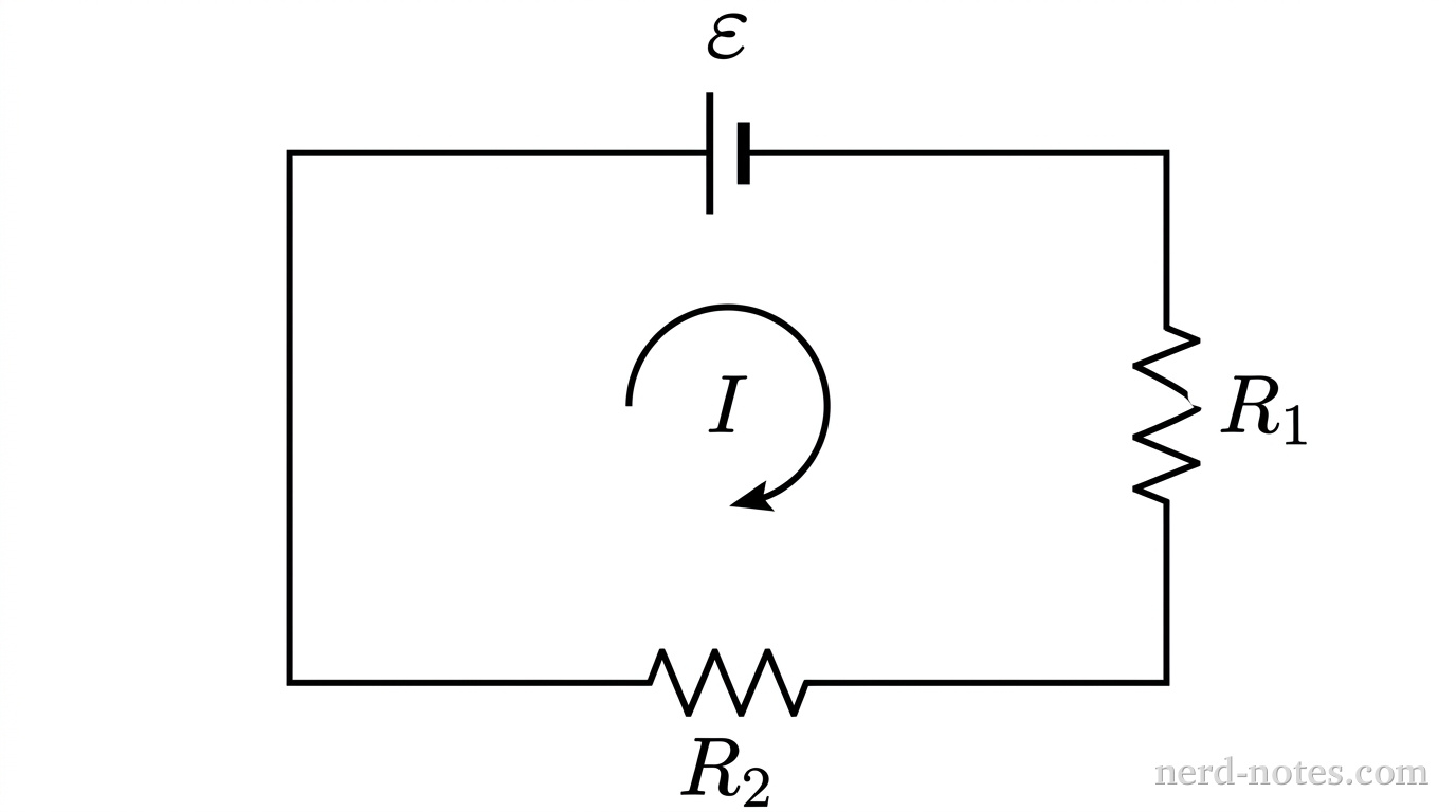 A single rectangular circuit schematic in the plane of the page. The top horizontal wire contains an ideal battery of emf \(\varepsilon\), oriented with the longer vertical line on the left and the shorter vertical line on the right. The right vertical branch contains a resistor labeled \(R_1\). The bottom horizontal wire contains a resistor labeled \(R_2\). The left vertical branch is a straight connecting wire. A curved clockwise arrow labeled \(I\) is centered inside the rectangle to indicate the direction of conventional current. No other labels, lines, text, or circuit elements appear.