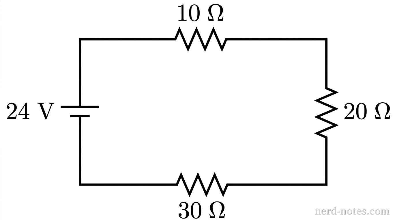 A single-loop circuit with three series resistors and a DC power supply.
