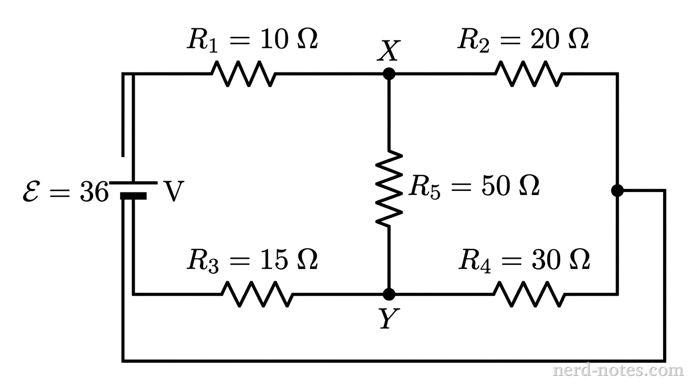 A schematic diagram of a DC bridge circuit in a rectangular layout. On the far left vertical segment, a DC voltage source is labeled \(\mathcal{E} = 36\text{ V}\) with a longer horizontal line on top (positive) and a shorter thicker horizontal line on bottom (negative). From the top of the battery, a wire extends rightward to a junction that splits into an upper horizontal path and a lower horizontal path. The upper path contains two series resistors: \(R_1 = 10\text{ }\Omega\) on the left and \(R_2 = 20\text{ }\Omega\) on the right, with a node labeled X between them. The lower path contains two series resistors: \(R_3 = 15\text{ }\Omega\) on the left and \(R_4 = 30\text{ }\Omega\) on the right, with a node labeled Y between them. A vertical wire connects node X directly to node Y, containing a resistor labeled \(R_5 = 50\text{ }\Omega\). To the right of \(R_2\) and \(R_4\), the two paths rejoin at a single junction, which connects via a returning bottom wire to the negative terminal of the battery. No other labels, lines, text, or axes appear.