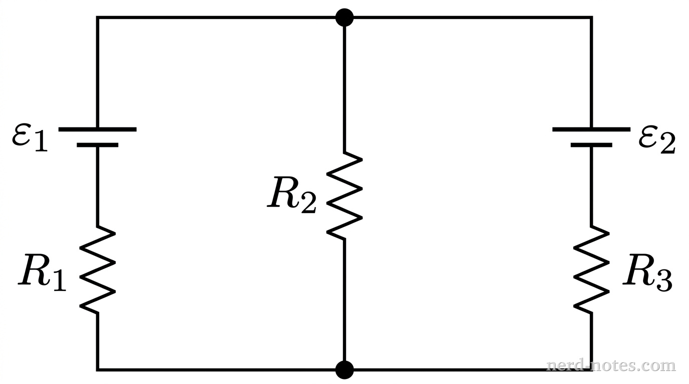 A rectangular circuit diagram with two adjacent rectangular meshes sharing a central vertical wire. The outer perimeter and central divider form three vertical parallel branches connected by continuous top and bottom horizontal wires. The left vertical branch contains a battery with emf labeled \(\varepsilon_1\) (represented by two parallel horizontal plates with the longer plate on top) above a resistor labeled \(R_1\). The central vertical branch contains a single resistor labeled \(R_2\). The right vertical branch contains a battery with emf labeled \(\varepsilon_2\) (longer plate on top) above a resistor labeled \(R_3\). Solid dots indicate the top and bottom junction nodes. No other labels, lines, text, or arrows appear.