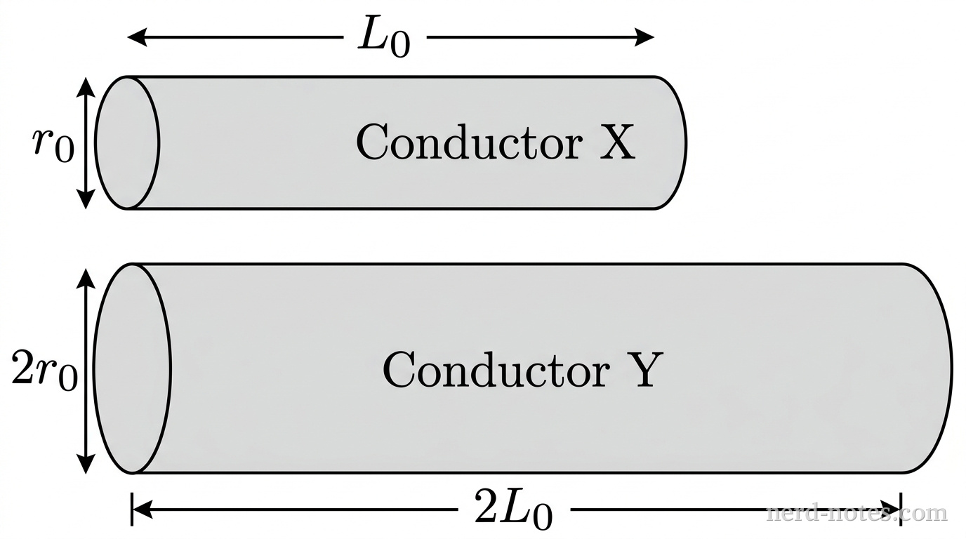A schematic diagram showing two horizontal solid cylinders aligned parallel to each other. The upper cylinder, labeled Conductor X, has length labeled \(L_0\) with horizontal dimension arrows and circular cross-sectional radius labeled \(r_0\). The lower cylinder, labeled Conductor Y, is visibly twice as long and twice as thick as Conductor X, with length labeled \(2L_0\) with horizontal dimension arrows and cross-sectional radius labeled \(2r_0\). Both cylinders have identical light-gray fill. No other labels, lines, text, or axes appear.