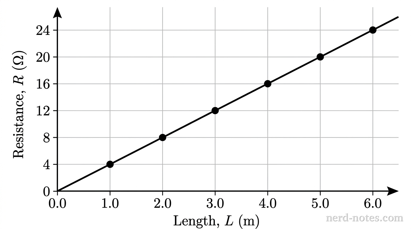 Resistance versus length for cylindrical wire samples of uniform cross-sectional area.