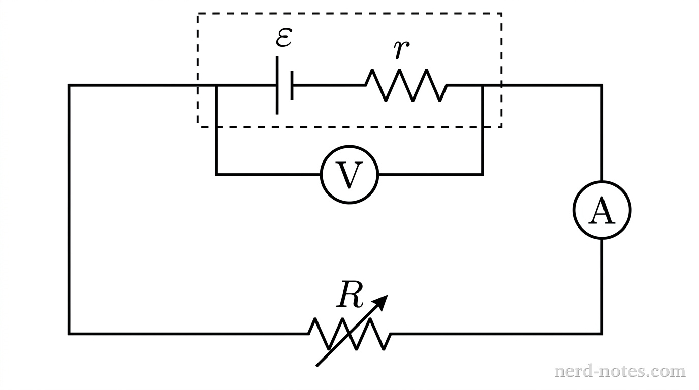 A rectangular circuit schematic drawn in black lines on a white background. The top horizontal branch contains a dashed rectangular box enclosing a DC voltage source symbol labeled \varepsilon in series with a resistor symbol labeled r. A voltmeter circle containing the letter V is connected in parallel across the two external terminals of the dashed box. The right vertical branch contains an ammeter circle containing the letter A. The bottom horizontal branch contains a variable resistor symbol labeled R, drawn as a resistor with a diagonal arrow through its center. Straight connecting wires complete the closed rectangular loop. No other components, values, arrows, or text appear.