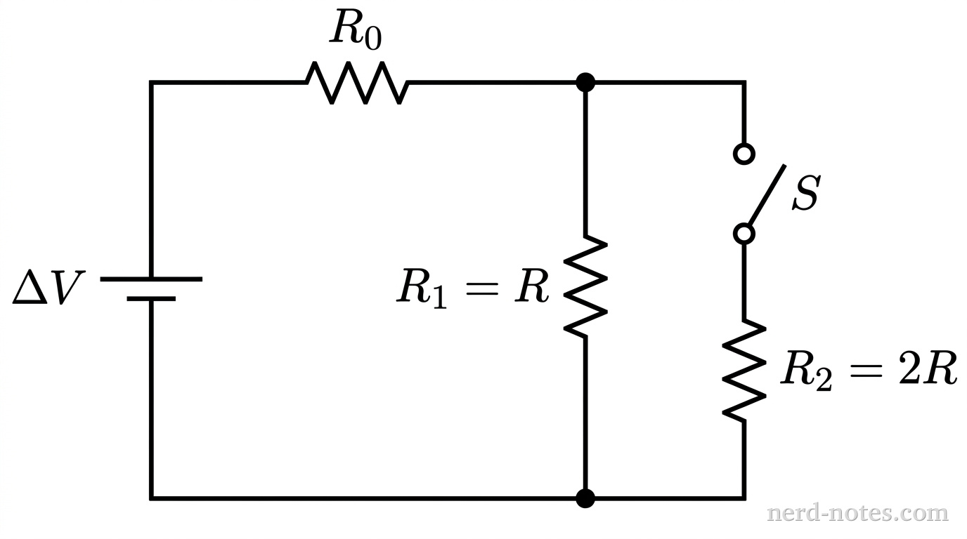 A rectangular schematic circuit diagram. On the left vertical segment is a DC voltage source labeled \(\Delta V\), with a longer horizontal line on top and a shorter parallel line below. From the positive terminal, the wire extends to the right along the top rail through a zigzag resistor labeled R_0 to a top junction dot. The circuit splits into two parallel vertical branches: the left branch contains a zigzag resistor labeled R_1 = R; the right branch contains an open-knife switch symbol labeled S in series with a zigzag resistor labeled R_2 = 2R. Both vertical branches reconnect at a bottom junction dot, which connects along the bottom rail back to the negative terminal of the battery. No other labels, lines, text, or axes appear.