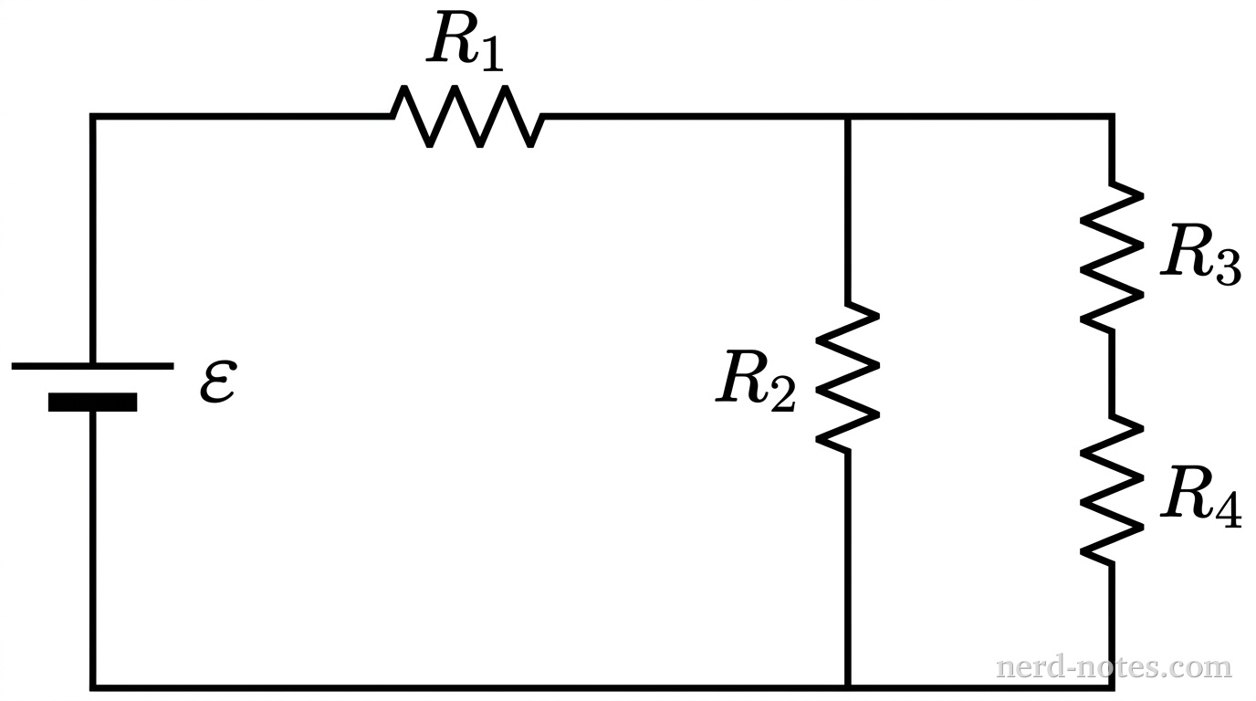 A schematic diagram of a rectangular direct-current circuit. On the left vertical segment is an ideal battery labeled with \(\varepsilon\), with the longer positive terminal on top. The wire exits the top of the battery, turns right along the top horizontal line, and contains resistor \(R_1\). To the right of \(R_1\), the top wire reaches a T-junction that splits into two parallel vertical paths. The first vertical path contains resistor \(R_2\). The second vertical path, located further to the right, contains resistor \(R_3\) positioned directly above resistor \(R_4\). Both vertical paths rejoin at a bottom horizontal wire that returns directly to the negative terminal of the battery. No other labels, text, or elements appear.