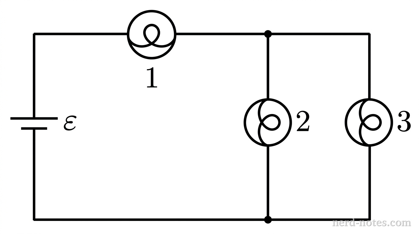 A compound circuit with an ideal battery and three identical light bulbs.