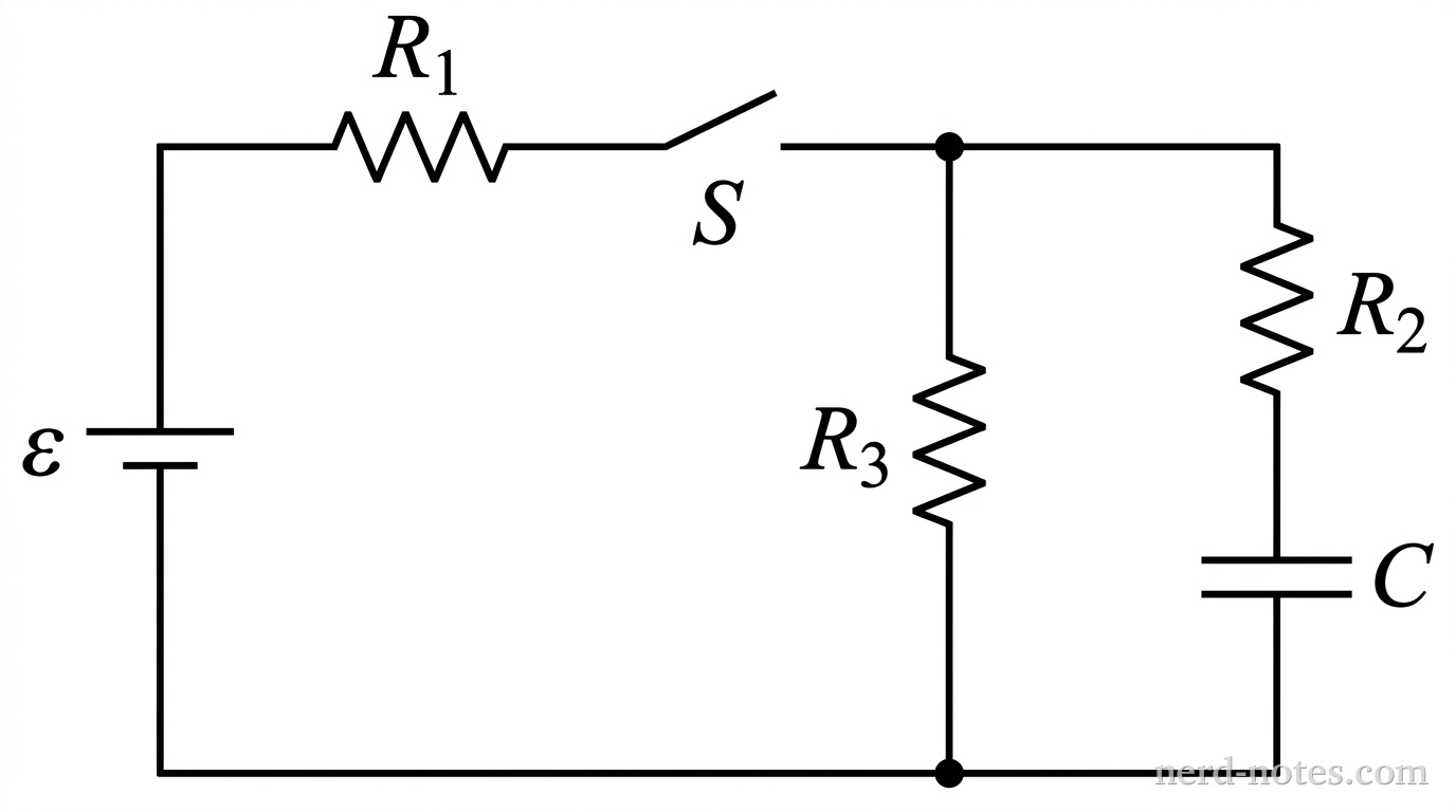 A schematic diagram of a DC circuit. On the far left, a vertical branch contains an ideal battery of electromotive force \(\varepsilon\), with the longer positive plate on top and the shorter negative plate on the bottom. From the top of the battery, a horizontal wire extends rightward to a series resistor labeled \(R_1\), followed by a switch labeled \(S\). To the right of the switch, the circuit splits at an upper junction into two parallel vertical branches. The left parallel branch contains a single resistor labeled \(R_3\). The right parallel branch contains a resistor labeled \(R_2\) in series with and positioned above a capacitor labeled \(C\), represented by two equal-length parallel horizontal plates. The bottom ends of both parallel branches rejoin at a lower junction and connect back to the bottom terminal of the battery via a horizontal wire. No other labels, lines, text, or axes appear.