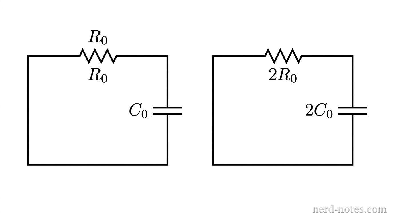 Two separate rectangular schematic diagrams positioned side by side. On the left is Circuit 1, a closed rectangular loop of thin solid wire with a standard zig-zag resistor symbol on the top horizontal segment labeled \(R_0\) and a parallel-plate capacitor symbol on the right vertical segment labeled \(C_0\). On the right is Circuit 2, an identical closed rectangular loop with a zig-zag resistor symbol on the top horizontal segment labeled \(2R_0\) and a parallel-plate capacitor symbol on the right vertical segment labeled \(2C_0\). Both loops are oriented upright and drawn with uniform line thickness. No other labels, lines, text, or axes appear.