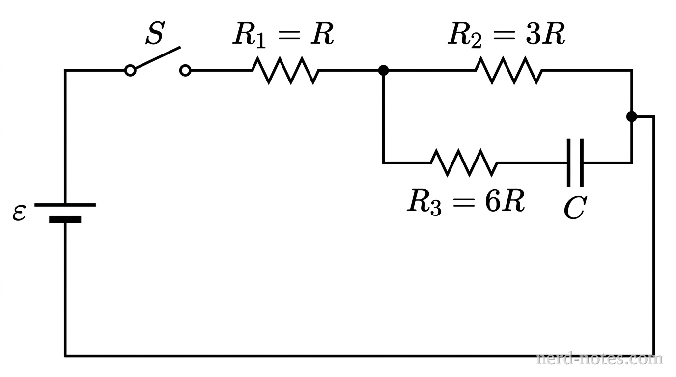 A circuit schematic is drawn in black lines on a white background. On the left side is a vertical branch with an ideal battery labeled \(\varepsilon\), with the longer positive plate on top. Connected from the positive terminal of the battery, a top horizontal wire extends to an open single-pole single-throw switch labeled \(S\), followed by a resistor labeled \(R_1 = R\). To the right of resistor \(R_1\), the wire splits at a node into two parallel branches. The top parallel branch contains a resistor labeled \(R_2 = 3R\). The bottom parallel branch contains a resistor labeled \(R_3 = 6R\) connected in series with a parallel-plate capacitor labeled \(C\). The two parallel branches rejoin at a right node, which connects to a bottom horizontal wire returning to the negative terminal of the battery. No other labels, lines, text, or circuit components appear.